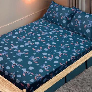 Imagem de Jogo de Lençol Casal 3 Peças Portallar Disney Stitch Pedras, Azul Escu