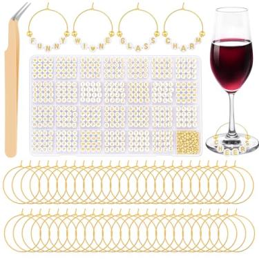 Imagem de Conjunto de 50 pingentes de taça de vinho personalizados para taças de haste, inclui 50 anéis de pingente de vinho, 100 contas douradas, 810 contas de letras, 1 pinça, marcadores de taça de champanhe