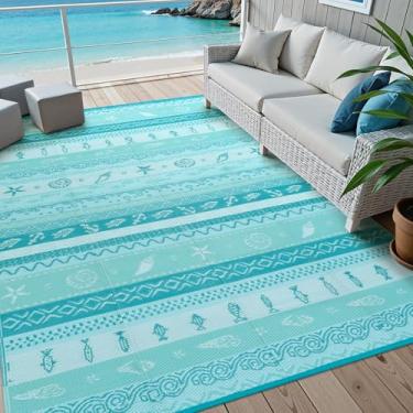 Imagem de Uphome Tapete costeiro ao ar livre impermeável 20 x 10, grande reversível oceano praia tema listrado tapete de palha de plástico, tapete tribal RV acampamento externo para piscina deck de quintal, 2,4
