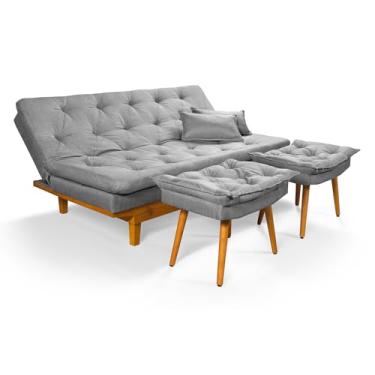 Imagem de Sofá Cama Caribe Duas Banquetas Em Linho Essencial Estofados (Cinza)