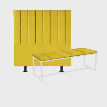 Imagem de Kit Cabeceira Carla e Calçadeira Industrial 90cm Solteiro Box Ferro Branco Sintético Amarelo - Ahz Móveis