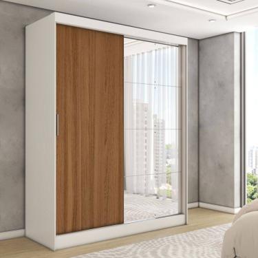 Imagem de Guarda-Roupa Solteiro Vulcan 2 Portas 4 Gavetas com Espelho 100% Mdf Branco/Amêndola - Panorama Móveis