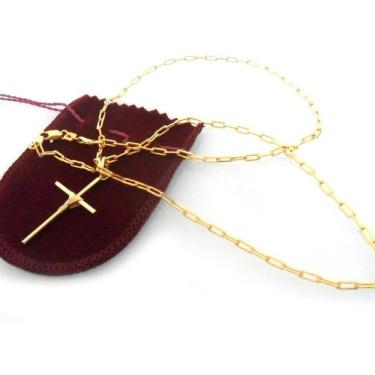 Imagem de Cordão Masculino Elo Quadrado 60Cm E Pingente Cruz Folheado