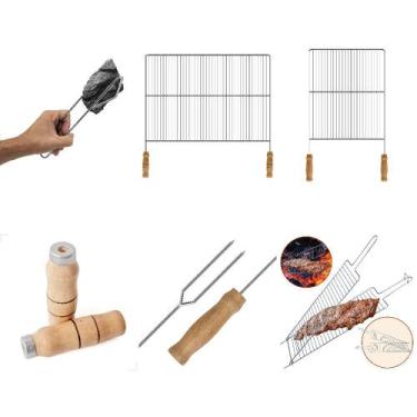 Imagem de Kit Churrasco Completo em Aço Cromado com Grelhas, Espeto, Pegador e C