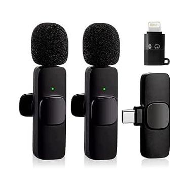 Imagem de Microfone de Lapela Sem Fio Duplo, Conexão Tipo C, Compatível com Smartphones e Iphone Tablets e Câmeras, Preto