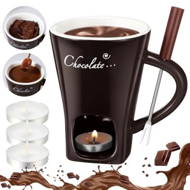 Imagem de Honeydak Caneca de fondue de chocolate com garfo e vela caneca pessoal de cerâmica doce para derretimento de chocolate caneca de fondue de chocolate presentes ideais para aniversário, data, noite