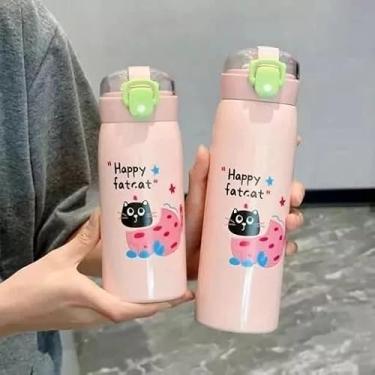 Imagem de Garrafa Térmica Infantil em Aço Inox com Canudo - Estampa Animais 350ml (Rosa)