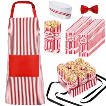 Imagem de SATINIOR 204 Pcs 1950s Adult Popcorn Waiter Costume Paper Popcorn Bags Red White Striped Apron Chef Hat Bow Tie and Snack Tray for Movie Night Carnival Circus Birthday Party