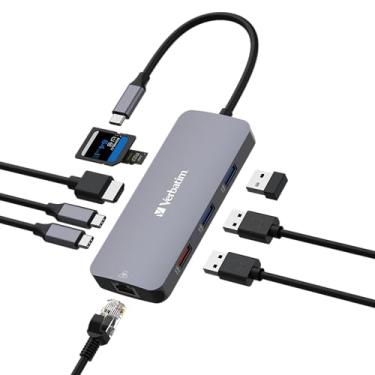 Imagem de Verbatim Hub USB C 9 em 1 adaptador multiportas USB-C para HDMI RJ45 USBA-A e USB-C com leitor de cartão SD para Mac, MacBook Pro/Air, iPad Pro, Thinkpad, Windows Computer, Laptop e Co