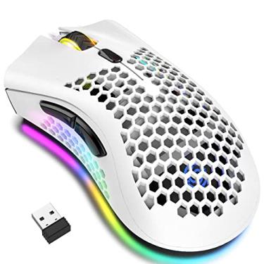 Imagem de Mouse para jogos leve sem fio, mouse de colmeia ultraleve com retroiluminação RGB, 7 botões, DPI ajustável, receptor USB, mouse ergonômico sem fio 2,4 G para PC Mac Gamer (branco)