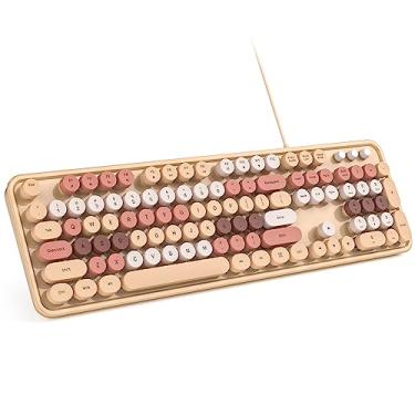 Imagem de MOWUX Teclado de computador com fio, teclado de máquina de escrever redondo retrô Plug Play, teclado com fio de tamanho completo com suportes dobráveis para laptop e PC de escritório - Chá de leite