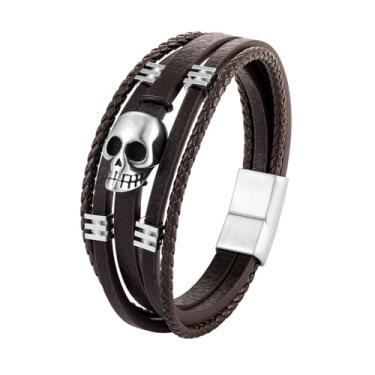 Imagem de FYNSBLE Pulseira masculina de couro crânio, 5 camadas pretas; pulseira de esqueleto de caveira de couro genuíno marrom 361L com fecho de aço inoxidável punk rock, pulseira trançada multicamadas, joias