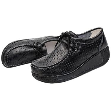 Imagem de rismart Tênis feminino casual com cadarço e plataforma de couro, Preto vazado, 36