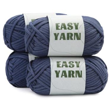 Imagem de Fio azul caubói 4x50g para crochê e tricô, fio para iniciantes de 300 metros com pontos fáceis de ver, fio de mistura de algodão e nylon, fio de camiseta com marcador de ponto e agulha de cotovelo