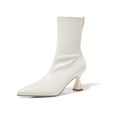 Imagem de Coutgo Botas Femininas De Cano Curto, Bico Fino, Salto Baixo Tipo Gatinho, Zíper Lateral, Botinhas Sociais Para Escritório, Bege, Tamanho 8,5