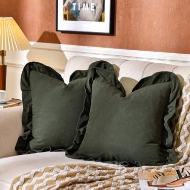 Imagem de AmHoo Pacote com 2 fronhas 100% algodão pré-lavadas com babados decorativos para sofá, quarto, 61 x 61 cm, verde