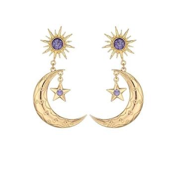 Imagem de Brincos femininos de ouro 14K, lua e sol, estrela, lua crescente, longa, assimétrico, pingente de gota e planeta, joias modernas, presente de Halloween, Extra large, Liga de aço, Sem pedra preciosa