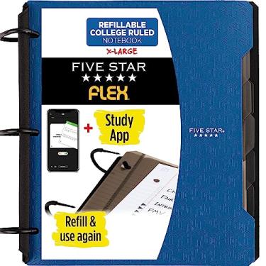 Imagem de Five Star Caderno flexível recarregável + aplicativo de estudo, papel pautado universitário e fichário TechLock de 3,5 cm com bolsos, abas e divisórias, capacidade para 300 folhas, azul pacífico