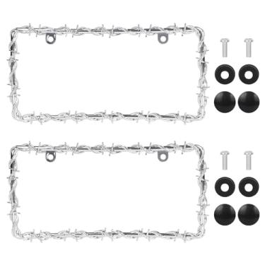 Imagem de 2 peças de moldura de placa de carro de arame farpado, molduras de placa de carro de corrente universal de plástico de 30,5 x 15,2 cm personalizadas para decoração de carro para homens e mulheres