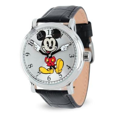 Imagem de Disney Relógio masculino articulado Mickey Mouse – Relógios clássicos do Mickey para homens, relógio inspirado perfeitamente – Relógio elegante com mostrador branco, caixa prateada, pulseira de couro