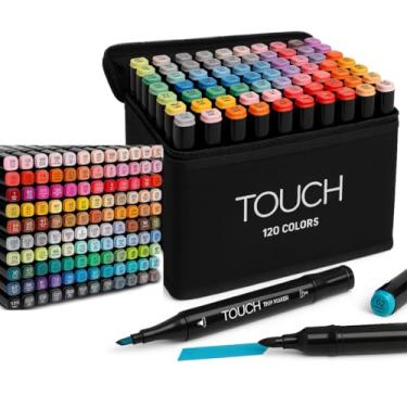 Imagem de Kit Estojo de Canetas Marcadoras Touch Ponta Dupla Para Colorir Aquarela Desenho Bob Cores Vivas Canetinhas Duas Pontas Permanente 120 Cores Com Estojo Preto Original
