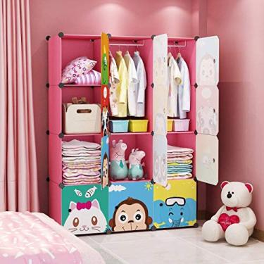 Imagem de MAGINELS Vestimenta infantil guarda-roupa armário portátil para quarto roupas de armários para pendurar organizador cubo organizador grande azul rosa 8 Cube & 2 Rod rosa