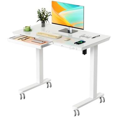 Imagem de JYLH JOYSEEKER Mesa de vidro pequena com gaveta, mesa elétrica de 89 cm x 50 cm, mesa de assento elétrica de peça inteira, mesa de altura ajustável com portas de armazenamento e USB, mesa de