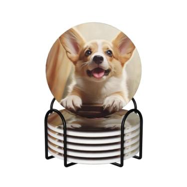 Imagem de Porta-copos para bebidas, conjunto de 6 porta-copos redondos absorventes de cerâmica antiderrapante com suporte e base de cortiça, tapete reutilizável para copos de corgi fofo para tipos de xícara