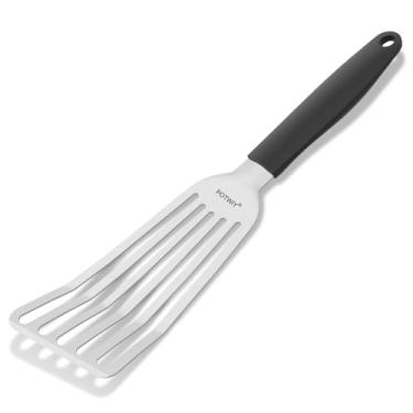 Imagem de POTWIY Espátula de peixe de aço inoxidável, espátula ranhurada com cabo de silicone e lâmina curvada, espátula de metal para frigideira de ferro fundido, flipper de cozinha para peixe, ovo e