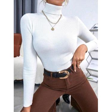 Imagem de Blusa Feminina Gola Alta Canelada Cacharrel - mkshop, Branco, G