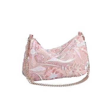 Imagem de QWINEE Bolsa feminina de lantejoulas com bordado floral para noite elegante mini bolsa transversal bolsa de festa de casamento, Rosa floral, One Size