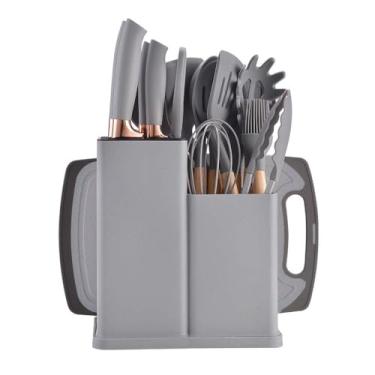Imagem de Conjunto de utensílios de cozinha e bloco de facas de 19 peças: 12 utensílios de cozinha de silicone antiaderentes e resistentes ao calor (espátula, pinça, concha, tesoura) + 5 facas de cozinha