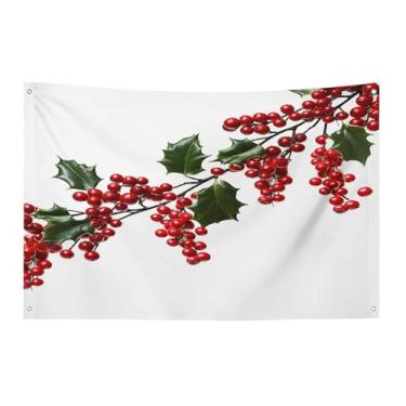 Imagem de Bandeira com quatro furos bandeiras para todos os climas ramos de baga de azevinho impresso bandeira decorativa bandeiras de poliéster adequadas para uso interno e externo 89 x 159 centímetros
