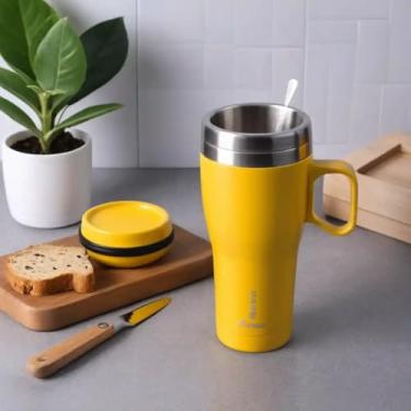 Imagem de Caneca Térmica Parede Dupla em Aço Inox Amarela 450ml com Tampa Flip - Estilo Texturizado