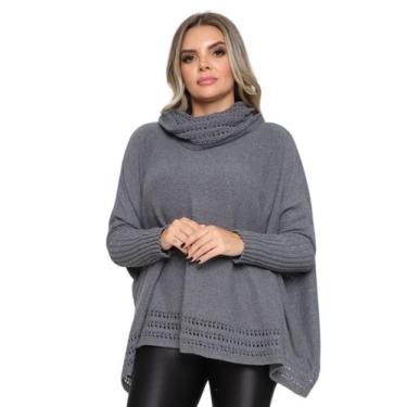 Imagem de Poncho Feminino Tricot Mousse Liso Gola Alta Casaco Lã Inverno - Rosil