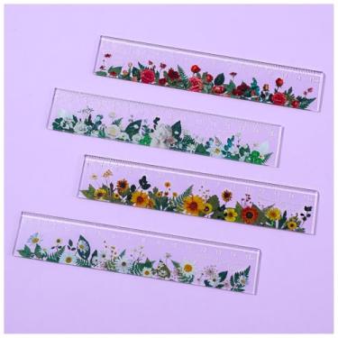 Imagem de Classicseali Mini régua de 4 peças, régua fofa de flor transparente de 15 cm, réguas de acrílico com escala de centímetros, ferramenta de medição para desenhar linhas retas, sublinhado e marcadores de