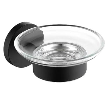 Imagem de Suporte para saboneteira para cozinha e banheiro, acessórios para montagem na parede, dispensador de sabonete, porta-sabonetes com prato de vidro, suporte de metal dourado (A1 saboneteira preta)