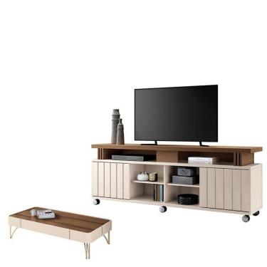Imagem de Rack Bancada Rivera Com Mesa De Centro Cadenza Off White Castanho – Hb Móveis
