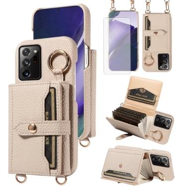 Imagem de Furiet Capa carteira para Samsung Galaxy Note 20 Ultra 5G com tela de vidro temperado alça de ombro e fivela de anel, porta-cartões para Note20 Plus Notes 20Ultra Note20+ U + 20+ Twenty Not S20 branca