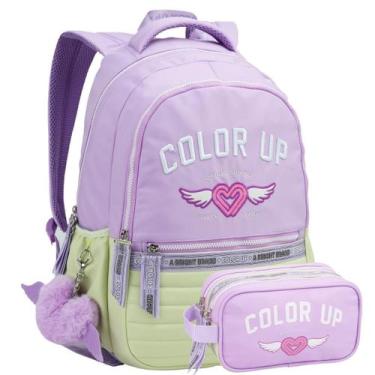 Imagem de Kit Mochila Costas 18 Color Up Estojo Duplo Escolar Lilás - Seanite