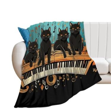 Imagem de Cobertores macios e aconchegantes para mulheres, cobertores de cama, quatro gatos pretos deitados no teclado de piano, cobertor felpudo decorativo quente para todas as estações