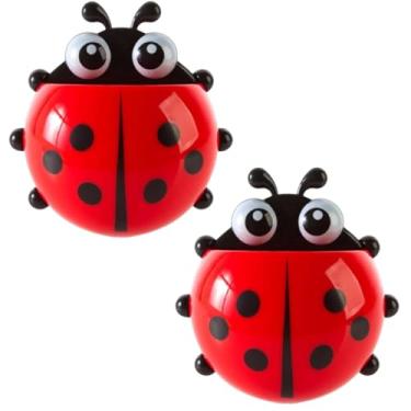 Imagem de Suporte para Escova de Dentes Infantil Decorativo Joaninha, Fixação por Ventosas, Vermelho e Preto, Kit com 02 Unidades