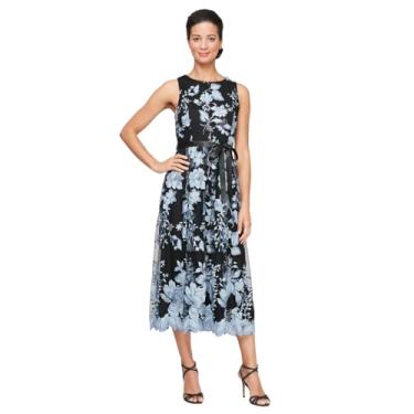 Imagem de Alex Evenings Vestido feminino midi sem mangas com bordado elegante, saia completa e cinto de amarrar (tamanhos pequenos e regulares), Preto e hortênsia, 38