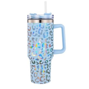 Imagem de Copo Térmico Grande 1200L de Aço Inoxidável com Alça, Parede Dupla, Tampa com Canudo, Isolamento quente e Frio (Azul claro)