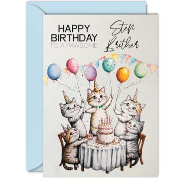 Imagem de Cartão de aniversário Step Brother - Balões de gatos de festa pawsome - Cartão de feliz aniversário para meio-irmão da irmã, cartões comemorativos de aniversário de gato macho A5