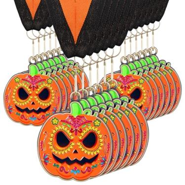 Imagem de Loetere 20 medalhas de abóbora de caveira de açúcar de Halloween 6 x 5 cm Medalhas de prêmios de concurso de escultura de abóbora com fita de pescoço participação do vencedor troféu de Halloween