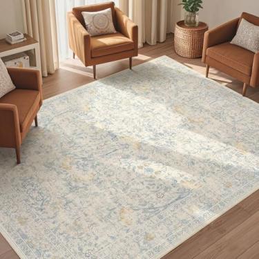 Imagem de UERMEI Tapete para sala de estar 12 x 18 cm, lavável, vintage, floral, grande, macio, antiderrapante, tapete fino para quarto, sala de jantar, sala de jogos, escritório, decoração interna - azul claro