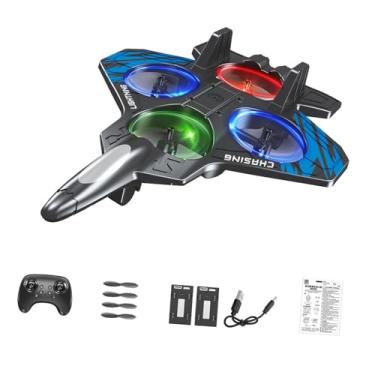 Imagem de menolana Avião de controle remoto de espuma, jato de caça com luz, à prova d'água, rolo de manobras, presentes para meninos, avião RC leve para crianças e, Bateria Azul Duas