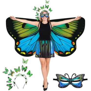 Imagem de Rngmsi Fantasia de xaile de asas de borboleta - estampa dupla face azul verde capa de asa de borboleta com faixa de cabeça conjunto de saia para mulheres, acessório para fotos de cosplay diário