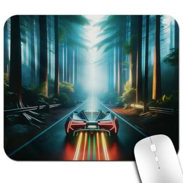 Imagem de Knseva Tapete de mouse Hypercar para escritório/jogos 24 x 20 cm, tapete antiderrapante para mesa, carro esportivo futurista explode através de um túnel místico de floresta tropical exuberante